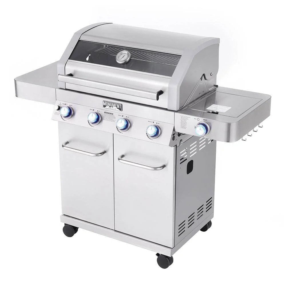 Stainless steel gas grill on a white background