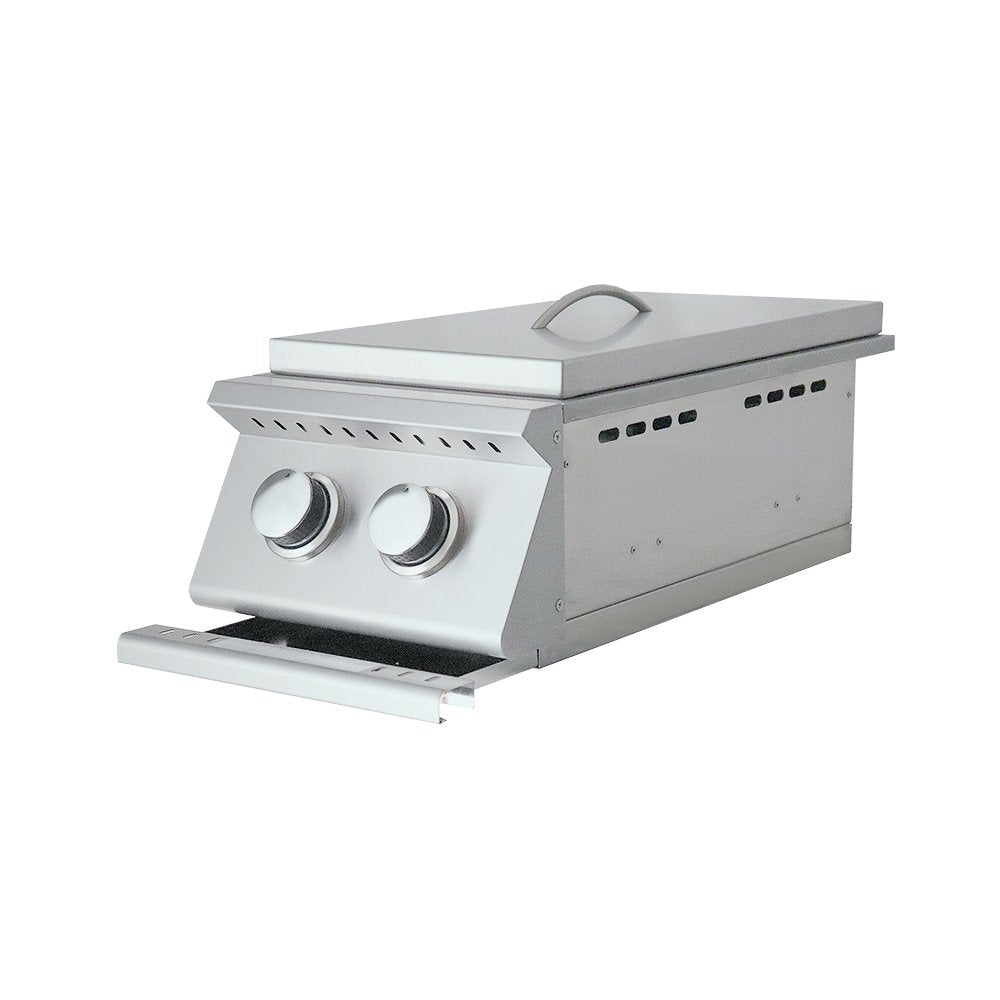 Stainless steel Burner with two knobs on a white background
