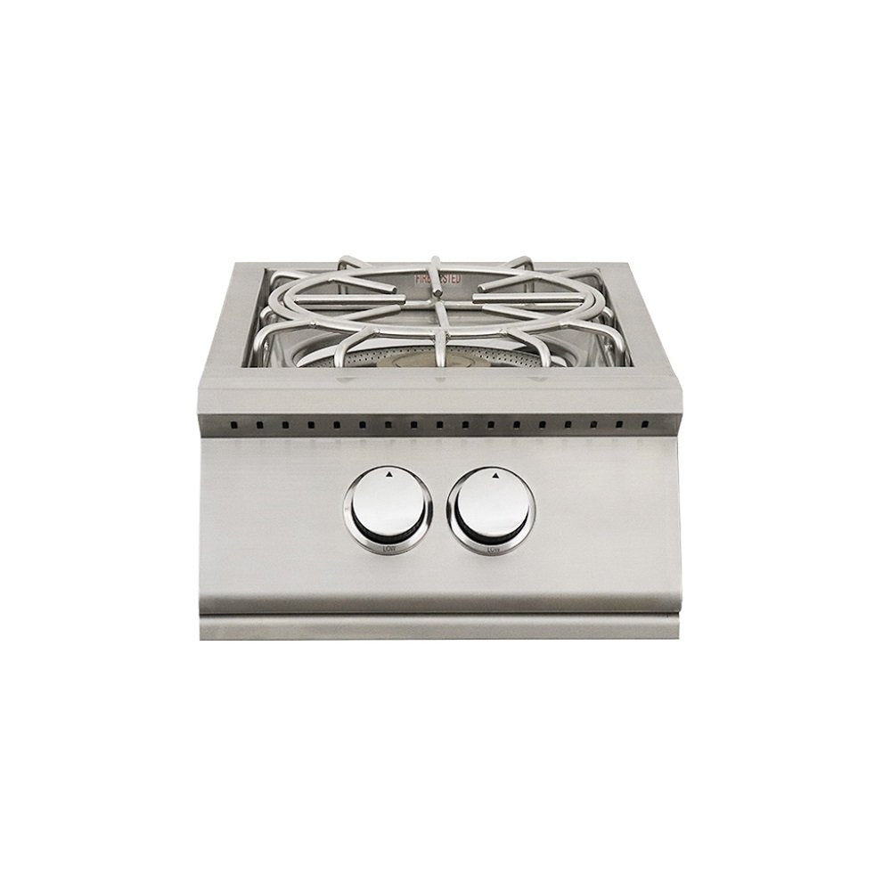 Stainless steel gas cooktop with two knobs on a white background