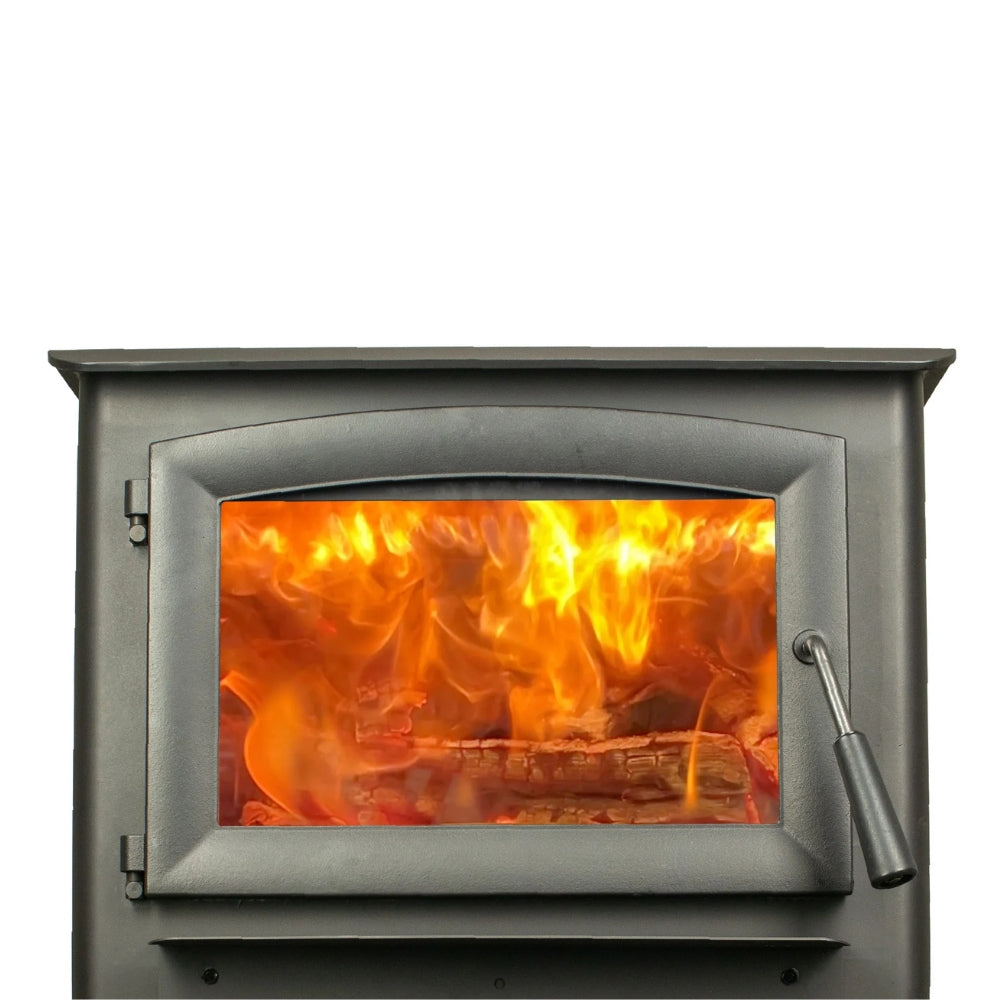 US Stove US1100E-L 1,200 Sq. Ft. Wood Stove with Legs - Wood burning stove with glowing flames inside a metallic frame