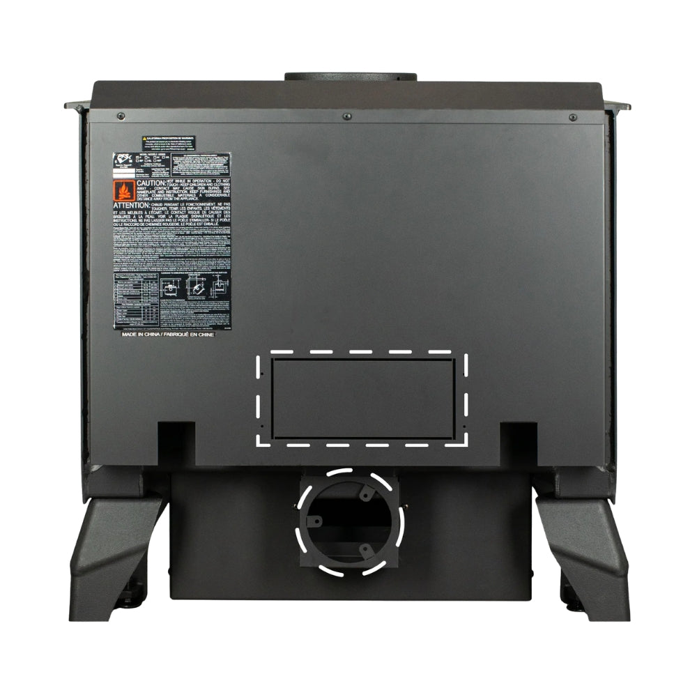 US Stove US1100E-L 1,200 Sq. Ft. Wood Stove with Legs - Back view of a black industrial appliance with labels and markings