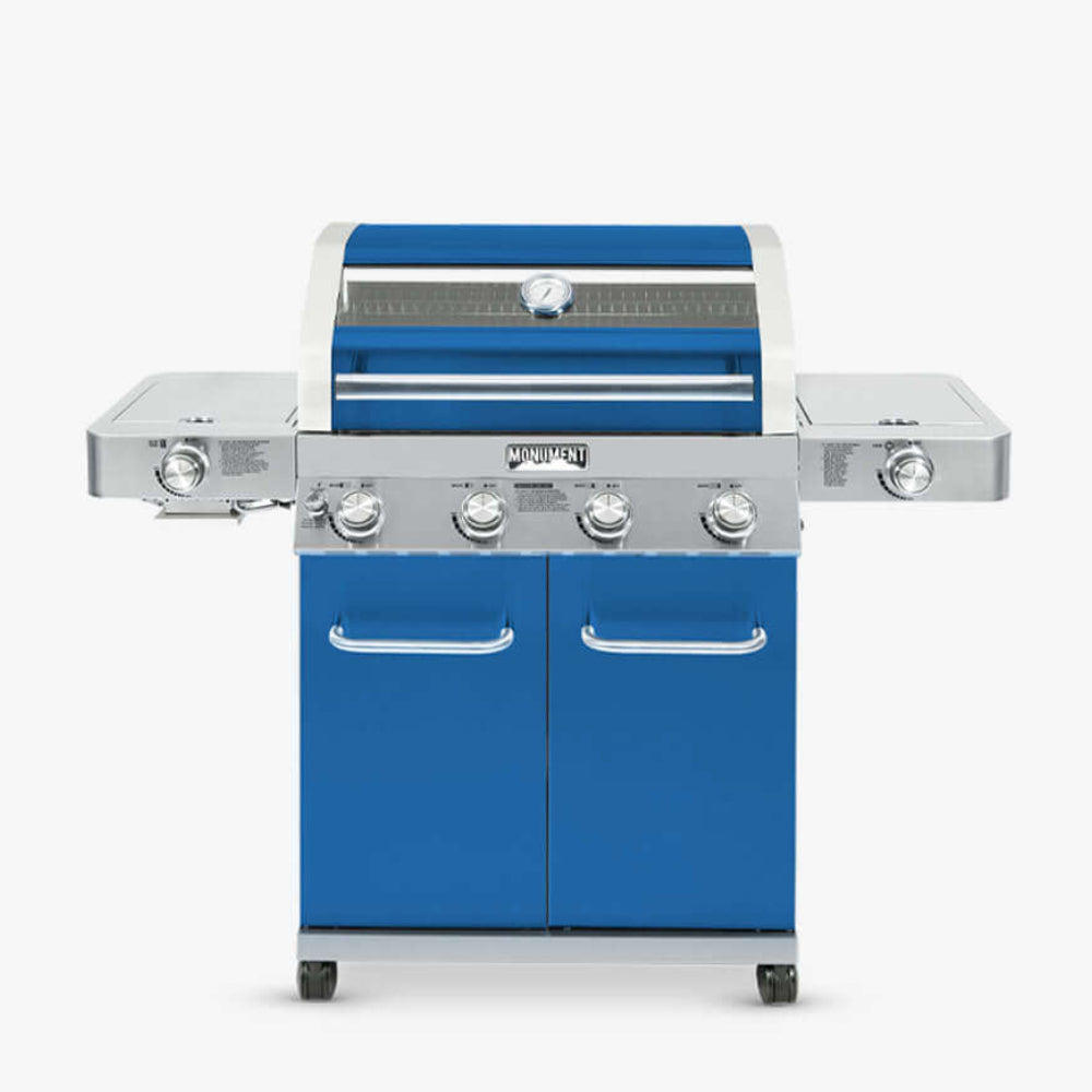 Matte blue Monument Grills 35633B propane gas grill with infrared sear burner and stainless steel construction