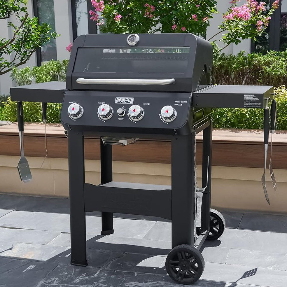 Monument Grills Mesa 420MF propane gas grill with four stainless steel burners and glass viewing window