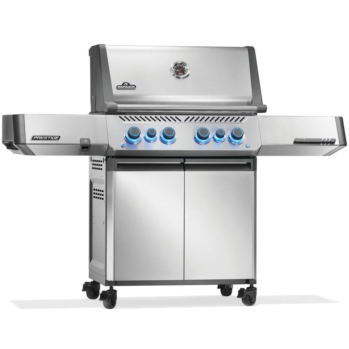 Napoleon Prestige 500 4-burner propane grill with rotisserie and side burner in stainless steel finish, model P500VRSIBPSS