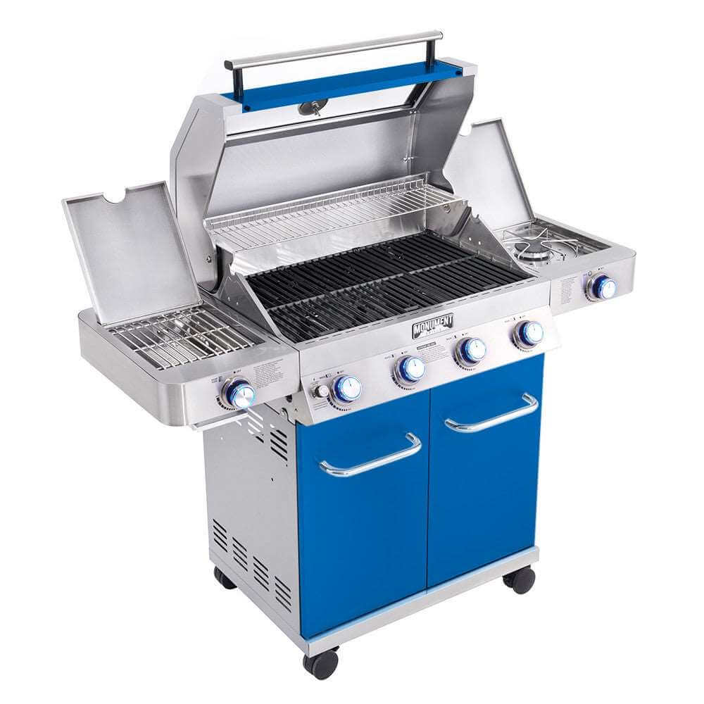 Monument Grills 35633B Matte Blue Infrared Propane Gas Grill – 72,000 BTU 4-Burner with Infrared Sear Side Burner (35633B)