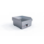 Stainless steel griddle with control knob on a white background