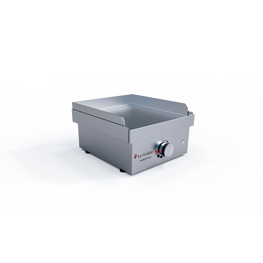 Stainless steel griddle with control knob on a white background