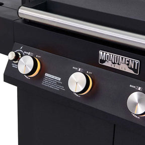 Close-up of Monument Grills Denali 425  grill with control knobs 