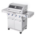 Stainless steel gas grill on a white background