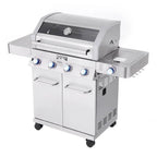 Stainless steel gas grill on a white background