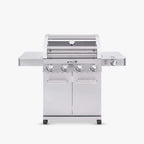 Stainless steel gas grill on a white background