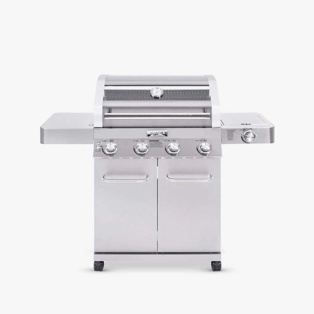 Stainless steel gas grill on a white background