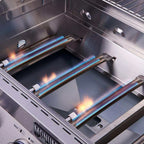 Close-up of a gas grill with visible flames and燃烧器