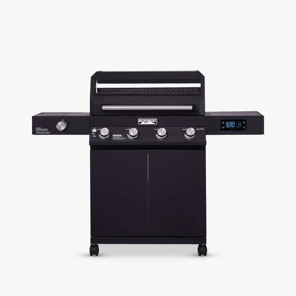 Black grill with digital display on a white background