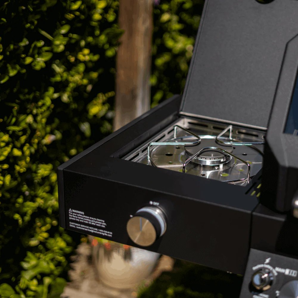 Portable gas grill stove with a blurred green outdoor background