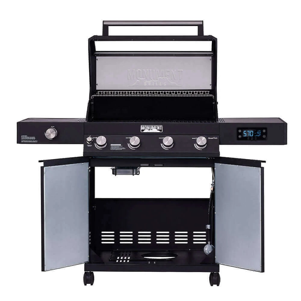 Black barbecue grill with open doors on a white background