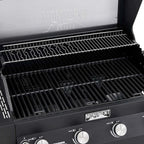 Close-up of a black grill with visible branding, showing grates and control knobs.