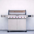 Stainless steel barbecue grill with digital display on a white background