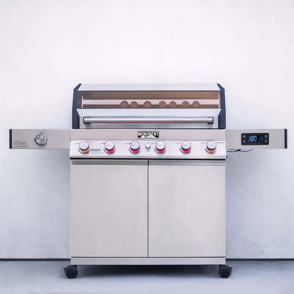 Stainless steel barbecue grill with digital display on a white background