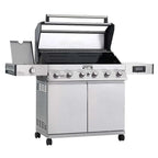 Stainless steel grill with multiple burners on a white background