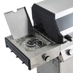 Portable gas stove with a lid open on a white background