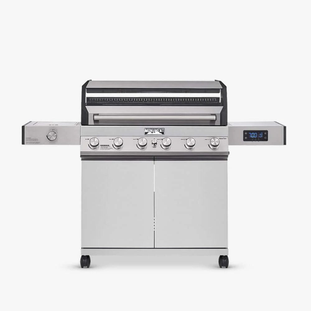 Stainless steel grill with digital display on a white background