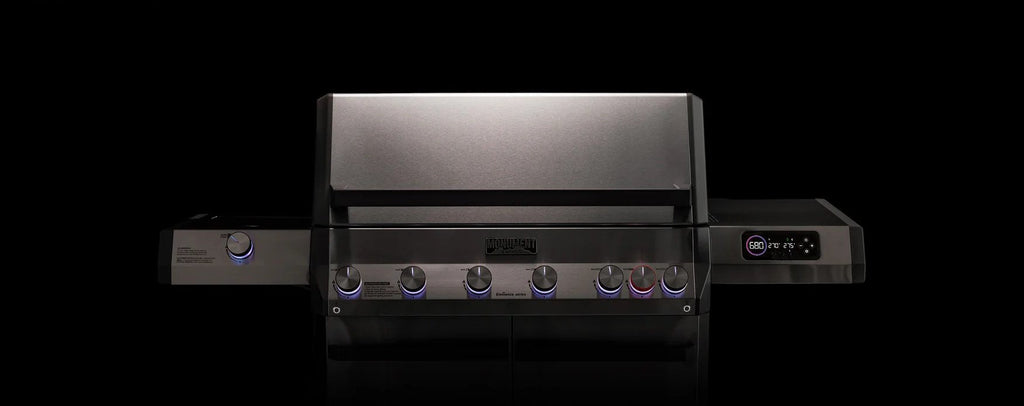 Black and silver grill with visible brand logo on a black background