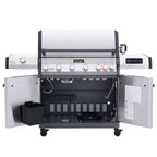 Outdoor grill with open side panels on a white background