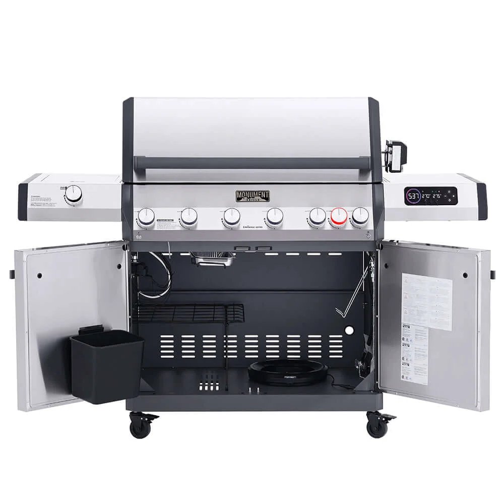 Outdoor grill with open side panels on a white background