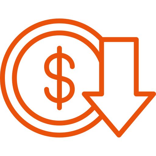 Orange dollar sign with downward arrow, symbolizing cost reduction or savings