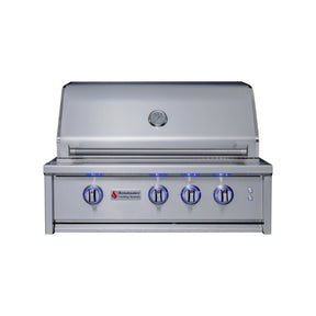 Stainless steel grill with four control knobs on a white background