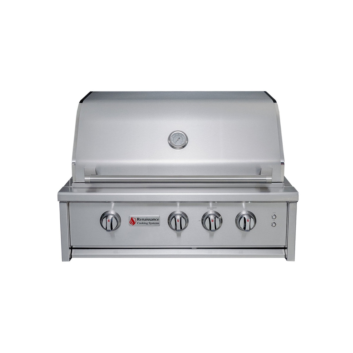 Stainless steel grill with brand logo on a white background