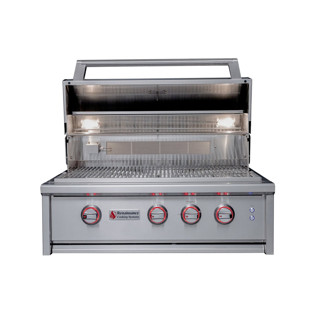 Stainless steel grill with brand logo on a white background