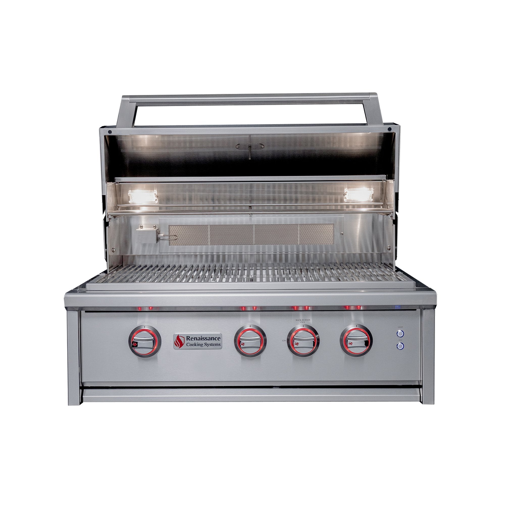 Stainless steel grill with brand logo on a white background
