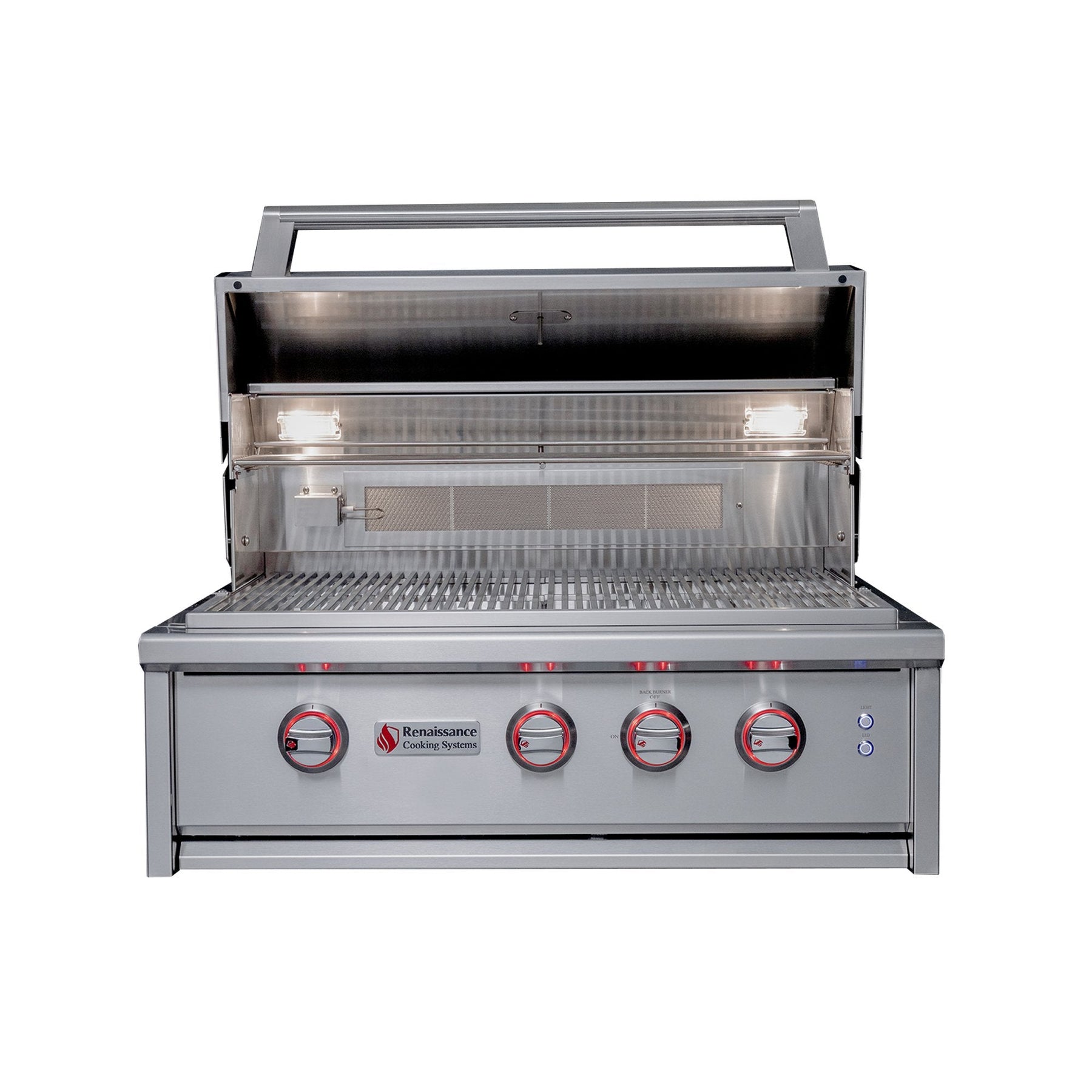 Stainless steel grill with brand logo on a white background
