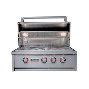 Stainless steel grill with brand logo on a white background