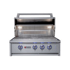 Stainless steel grill with four control knobs on a white background