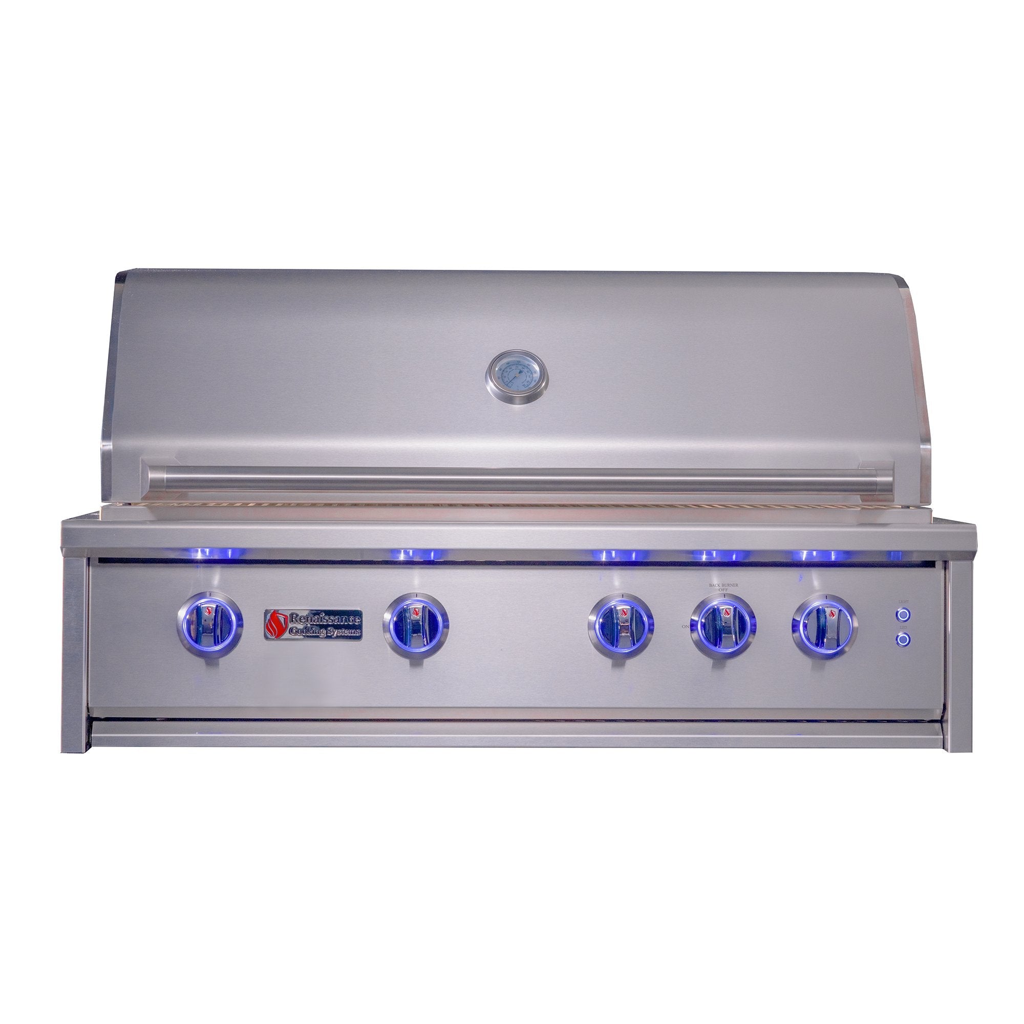 Stainless steel grill with LED lights on a white background