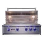 Stainless steel grill with five control knobs on a white background