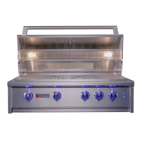 Stainless steel grill with five control knobs on a white background
