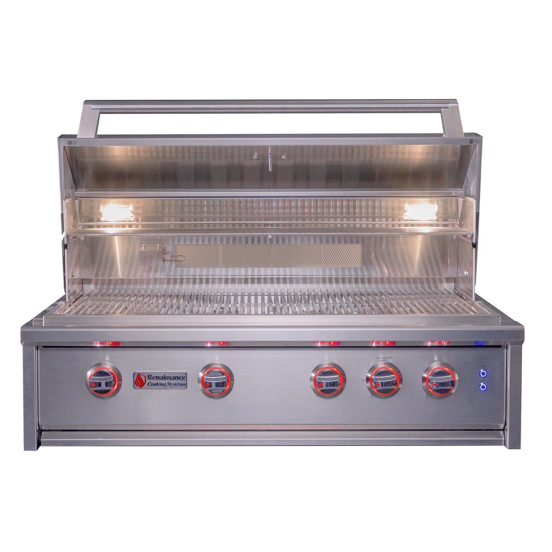 Stainless steel grill with brand logo on a white background