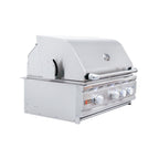 Stainless steel grill with cover on a white background