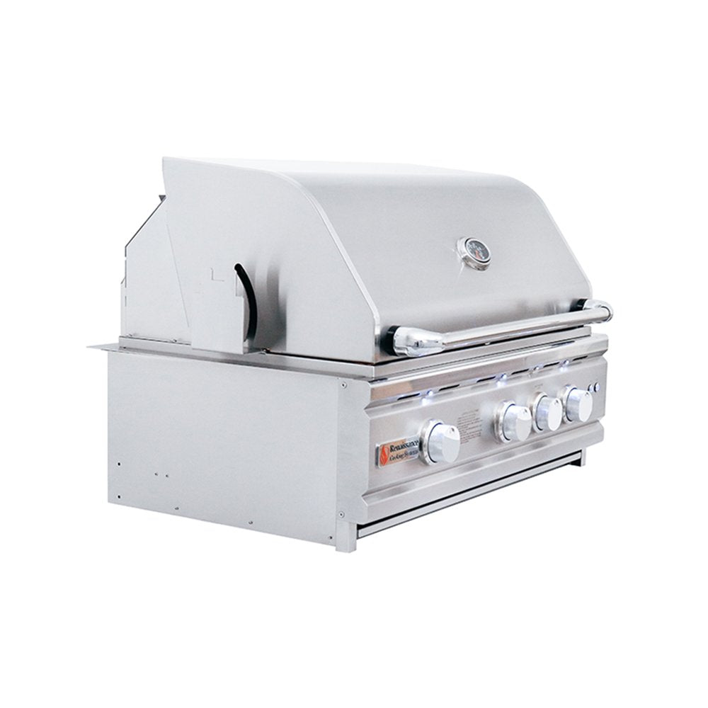 Stainless steel grill with cover on a white background