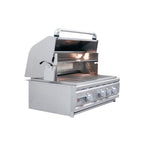 Stainless steel grill with a cover on a white background