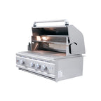 Stainless steel grill with open lid on a white background