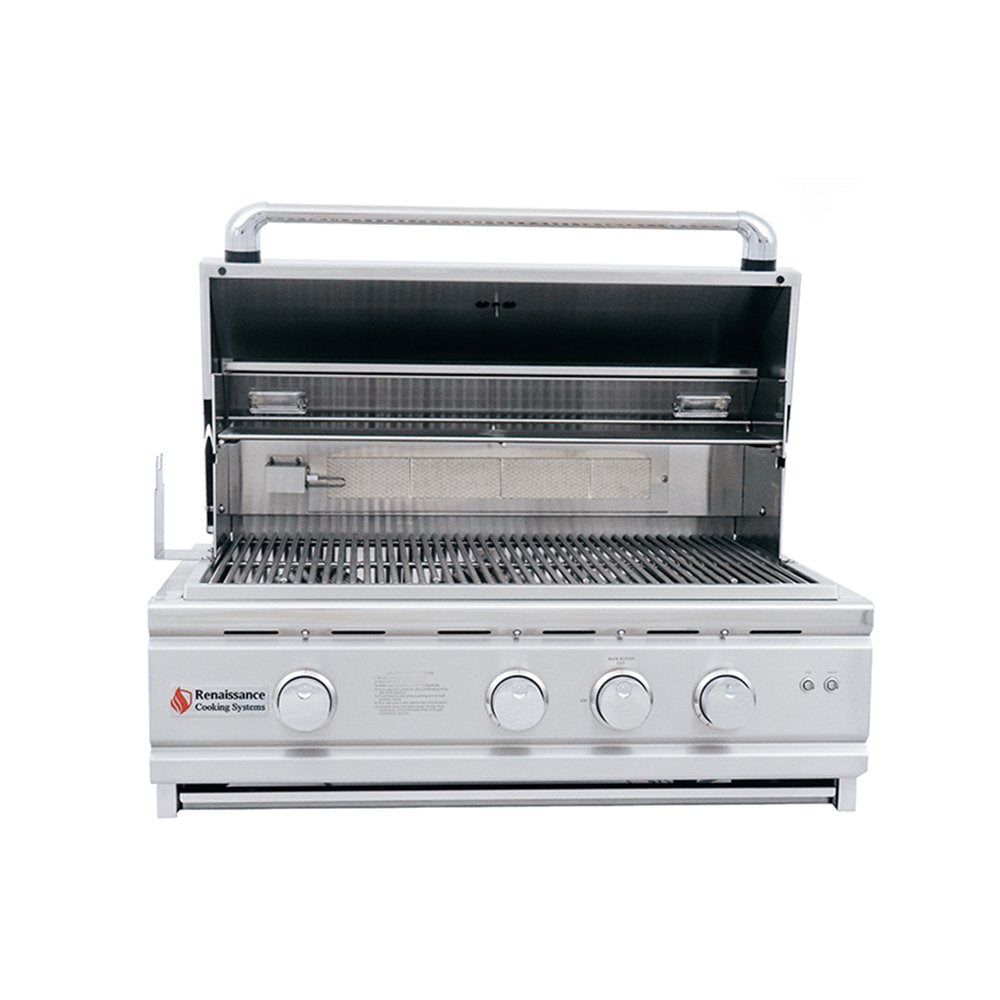 Stainless steel grill with rcs brand logo on a white background