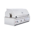 Stainless steel grill with brand logo on a white background