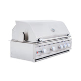 Stainless steel grill with brand logo on a white background