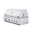 White outdoor grill with control knobs on a white background