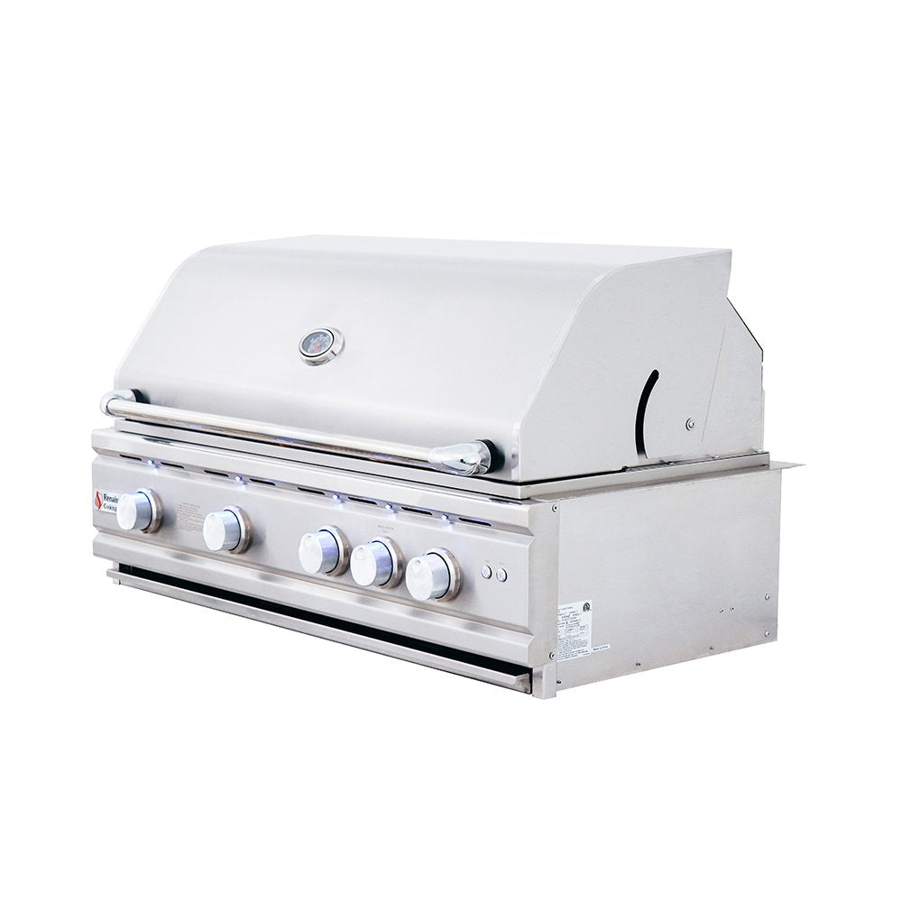 White outdoor grill with control knobs on a white background